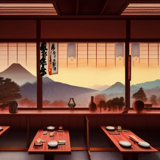 22901-406987622-interior of a classic japanese restaurant with mountains, sunrise through windows, rustic, hyperdetailed, artstation, cgsociety,.webp